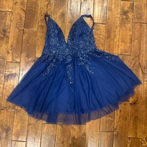 JJs House Navy Blue Beaded A-Line Prom Dress